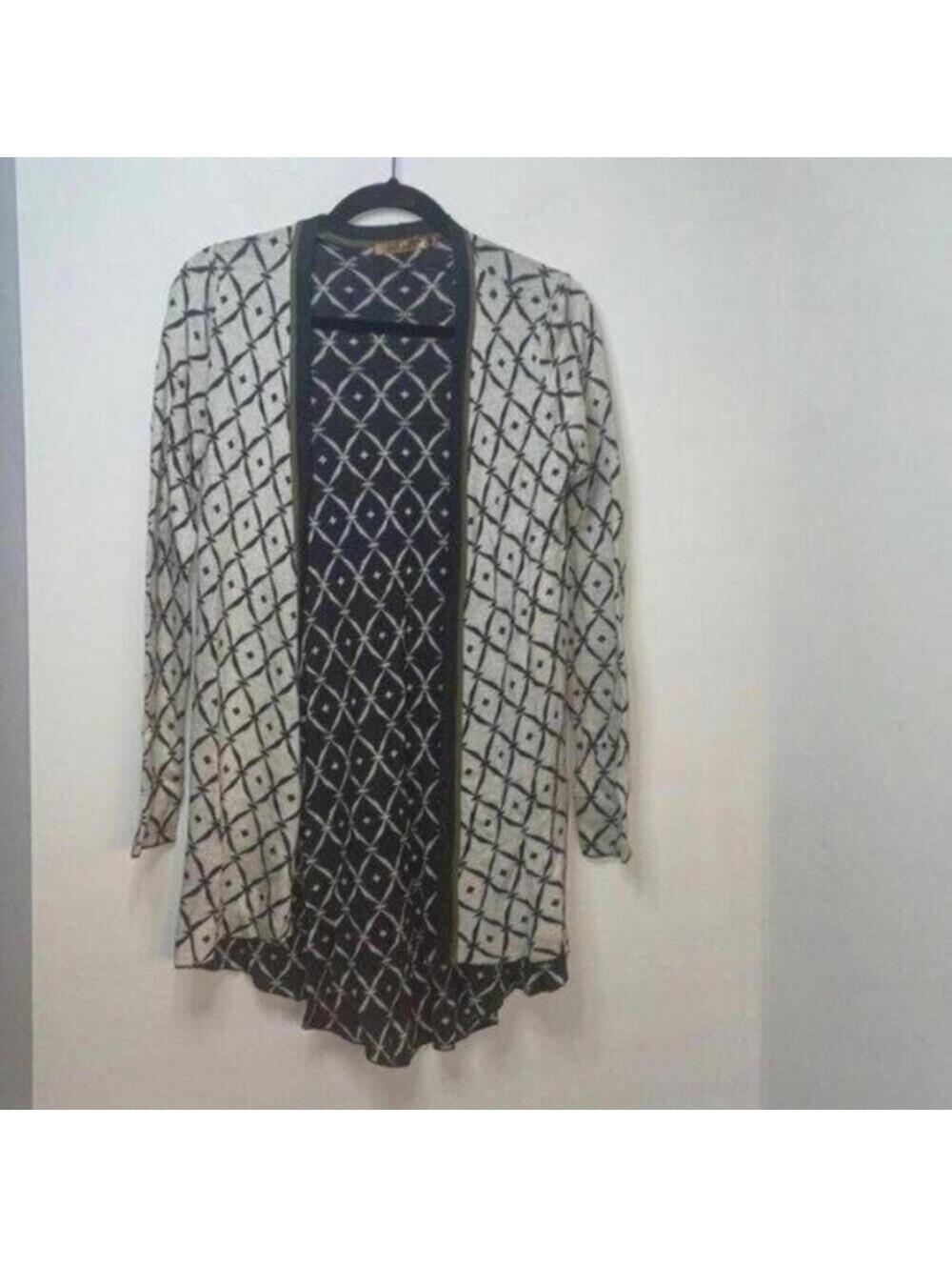 Belldini Beige Grey Diamond Printed Open Front Long Sleeve Sweater cardigan